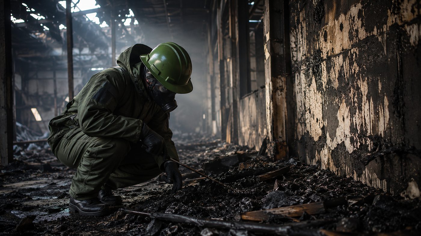 Perito investigando el origen de un incendio entre restos calcinados de una nave industrial