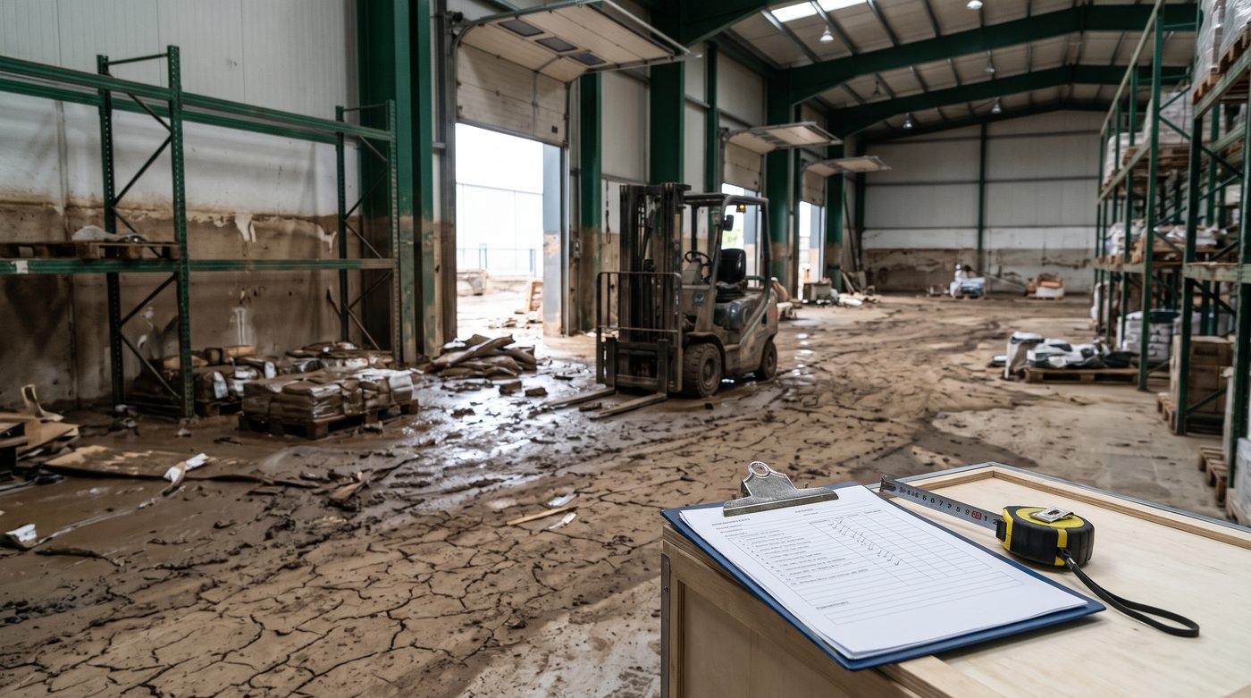 Nave industrial inundada con agua turbia y barro hasta media altura de las estanterías
