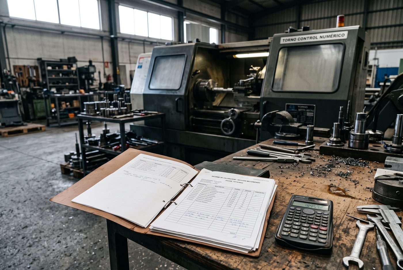 Perito calculando la depreciación de una máquina industrial junto al informe de valoración
