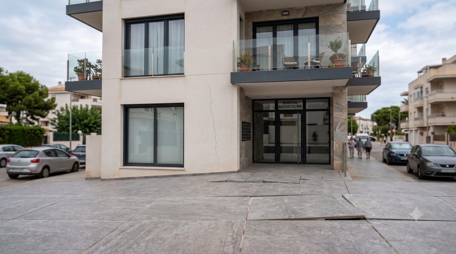 Fachada de edificio de obra nueva con una grieta y solado de zona común desnivelado